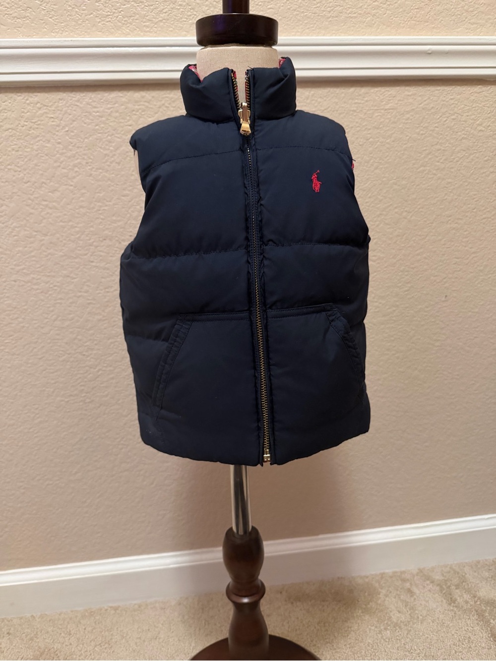 Ralph Lauren Navy Puffer Vest with Pink Pony Logo